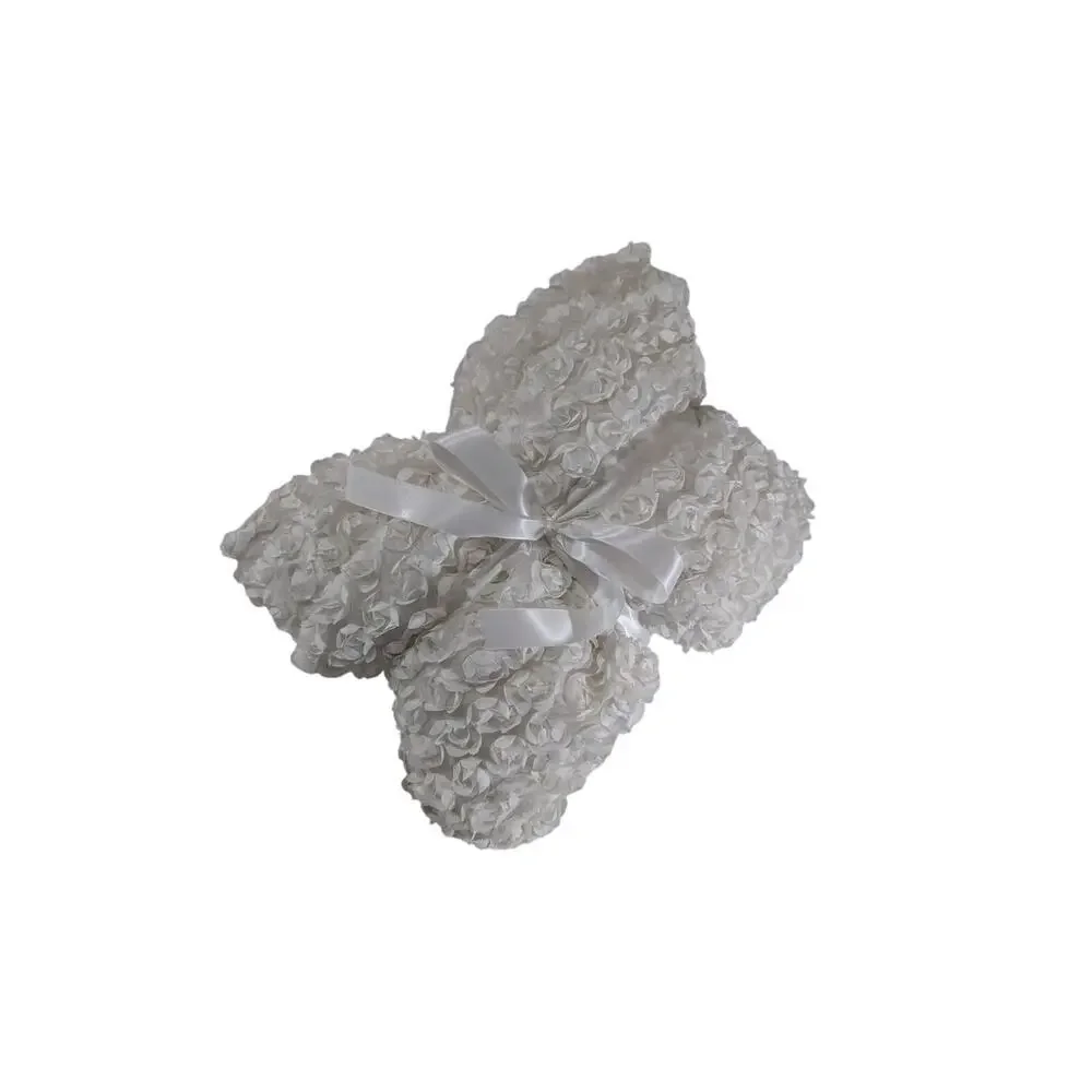 LUSH DECOR! CREAM RIBBON EMBROIDERED POUFY ROSETTES PLUSH SHOWER CURTAIN!